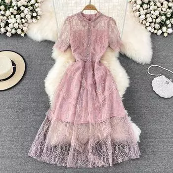 RUGOD 2022 летнее темпераментное платье трапециевидной формы с утягивающим талией и лацканами, сетчатое платье с вышивкой, элегантное темпераментное большое длинное платье с открытой талией