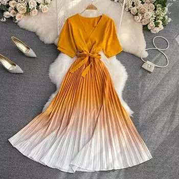 RUGOD 2022, летнее темпераментное плиссированное платье с v-образным вырезом и талией, элегантное длинное платье трапециевидной формы с большим свободным вырезом One Size чёрный