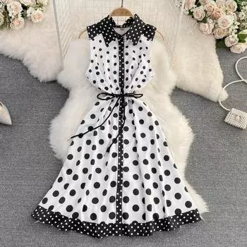 RUGOD 2022 летнее темпераментное женское шифоновое платье в горошек с лацканами, однобортное платье трапециевидной формы без рукавов с талией