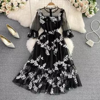 RUGOD 2022 летнее высококачественное сетчатое платье трапециевидной формы с вышивкой и круглым вырезом на талии, элегантное длинное свободное платье