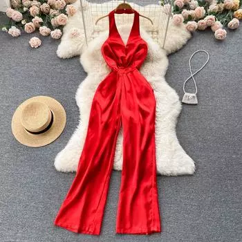 RUGOD 2022, летние новые модные темпераментные брюки с v-образным вырезом и висячим вырезом, тонкие кружевные прямые брюки с высокой талией и широкими штанинами, женский комбинезон