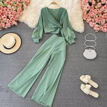 RUGOD 2022, летние повседневные брюки, широкие брюки, вертикальные прямые брюки с высокой талией, костюм-двойка, короткий топ с v-образным вырезом на талии и завязкой на талии One Size зелёный