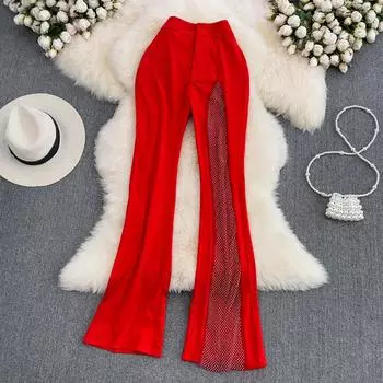 RUGOD 2022 летние прямые тонкие драпированные брюки с высокой талией, прозрачные расклешенные брюки с блестками и разрезами S чёрный