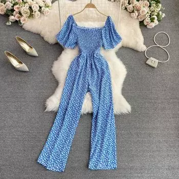 RUGOD 2022, летний модный маленький свежий комбинезон с квадратным вырезом и цветочным принтом, короткими рукавами, тонкий прямой комбинезон с широкими штанинами и талией