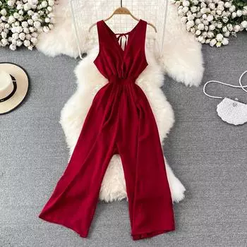 RUGOD 2022, летний модный темпераментный комбинезон без рукавов с v-образным вырезом, тонкий прямой комбинезон с широкими брюками и высокой талией