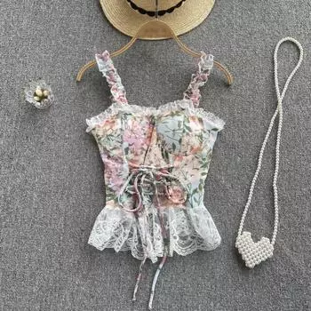 RUGOD 2022, летний новый кружевной шифоновый топ с принтом грибка, тонкий топ с открытой спиной и коротким узором на подтяжках