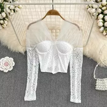 RUGOD 2022 летний новый сетчатый топ с вышивкой, сексуальная рубашка на одно плечо, облегающая и тонкая темпераментная короткая кружевная рубашка с v-образным вырезом