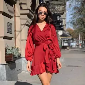 RUGOD 2022, летний сезон, новое платье с длинными рукавами, v-образный вырез, завязка на талии, тонкая драпировка, платье трапециевидной формы с длинными рукавами, оборками и фонариками One Size чёрный