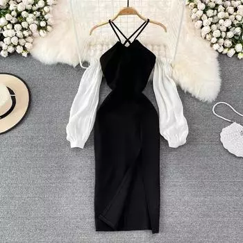 RUGOD 2022, летняя модная версия, легкое платье с бретелькой на шее и открытой спиной, облегающее платье с длинными рукавами и узкой сумкой с разрезами, 2022 г.