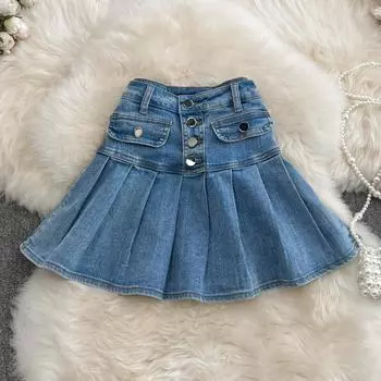 RUGOD 2022, летняя новая стильная тонкая джинсовая юбка с высокой талией, универсальная плиссированная юбка трапециевидной формы, юбка с рюшами