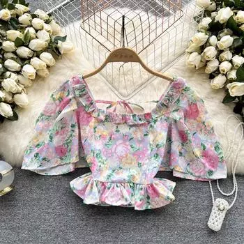 RUGOD 2022, летняя облегающая и тонкая модная женская рубашка с коротким принтом и квадратным воротником, открытая ключица, топ с листьями лотоса и подолом, лето 2022