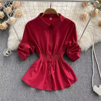 RUGOD 2022, летняя плиссированная рубашка с рюшами и воротником-поло Hanfan на талии, топ в стиле ретро, женская дизайнерская рубашка с осторожным дизайном One Size синий