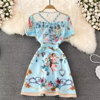 RUGOD 2022 Лето Европа и Америка Slim Fit и Slim V-образный вырез Сетка Вышитый Взъерошенная Строчка Принт A-line Платье M синий