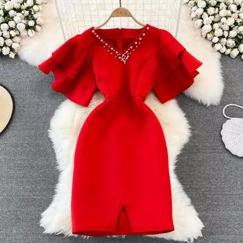 RUGOD 2022 Лето High Sense Pearl Трехмерное платье с рюшами на рукавах и v-образным вырезом, тонкое платье с разрезом на бедрах One Size синий