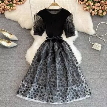 RUGOD 2022 Лето Нежный Ветер Знаменитости Темперамент Шею Сетчатое Сшитое Трикотажное Закрытие Талии Тонкое А-образное Пышное Платье