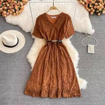 RUGOD 2022 Лето Новое французское Ретро Супер Фея средней длины с повязкой на талии Тонкое кружевное платье с v-образным вырезом и коротким рукавом One Size чёрный