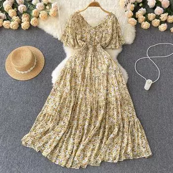 RUGOD 2022 Лето Новое милое темпераментное длинное свободное платье с v-образным вырезом и цветочным принтом и пышными рукавами, с тонкой талией