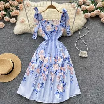 RUGOD 2022 Лето Новое Приморское праздничное платье без рукавов с галстуком-бабочкой в западном стиле с тонкой талией и тонким шифоновым платьем феи