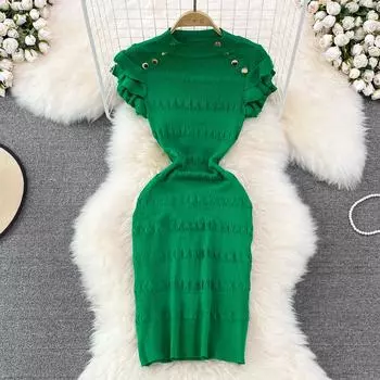 RUGOD 2022 Лето Новое Ретро Судное Женское Темпераментное Кружевное Платье с Рукавами Листья Лотоса Тонкое и Тонкое Трикотажное Платье На Бедро One Size бежевый