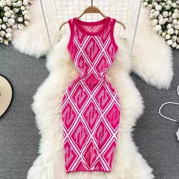 RUGOD 2022 Лето Новое сексуальное платье-жилет модное тонкое клетчатое жаккардовое короткое трикотажное платье с круглым вырезом