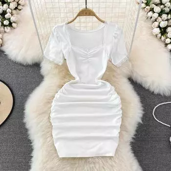 RUGOD 2022 Лето Новое сексуальное тонкое кружевное платье с высокой талией и квадратным воротником, тонкое короткое платье на бедрах с короткими рукавами