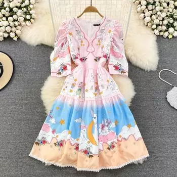 RUGOD 2022 Лето Новое Темпераментное женское платье трапециевидной формы с v-образным вырезом и принтом на талии и тонкими пузырьками с рукавами три четверти