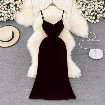 RUGOD 2022 Лето Новое винтажное красное бархатное платье на подтяжках в гонконгском стиле Модное тонкое платье с высокой талией и открытой спиной без рукавов на бедрах