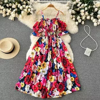 RUGOD 2022 Лето Новое женское платье в европейском и американском стиле в стиле ретро с принтом роз на одно плечо и открытой спиной с эластичной резинкой на талии