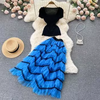 RUGOD 2022, милый темпераментный костюм-двойка, вязаный топ с v-образным вырезом, синяя юбка-торт, сетчатая юбка-пачка с высокой талией в стиле ретро