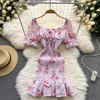 RUGOD 2022 мятое кружевное шифоновое платье с цветочным принтом в Корейском стиле с v-образным вырезом и оборками «рыбий хвост» платье-туника хип-платье