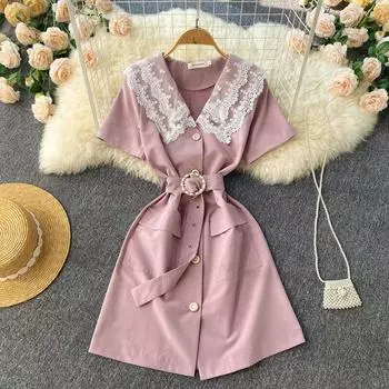 RUGOD 2022 Nieuwe Zomer Jurk Vrouwen Temperament Werk Jurk Stijl Kanten Kraag Taille Jurk Met Korte Mouwen A-lijn Jurk Dunne Jurk