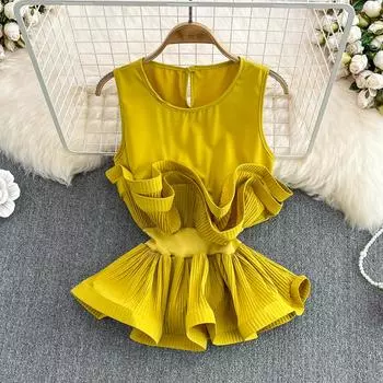 RUGOD 2022, новая летняя плиссированная милая шифоновая рубашка с открытыми плечами и круглым вырезом, женская модная короткая рубашка в иностранном стиле One Size фиолетовый