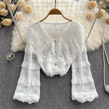 RUGOD 2022, новая весенняя рубашка с v-образным вырезом и треугольным воротником, расшитая бисером, кружевная рубашка с рукавами-фонариками для тяжелой промышленности, милый топ