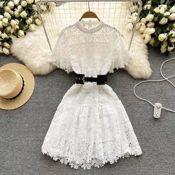 RUGOD 2022, новинка лета, новинка 2022 года, аккуратно выдолбленное водорастворимое кружевное белое платье средней длины с завязками на талии