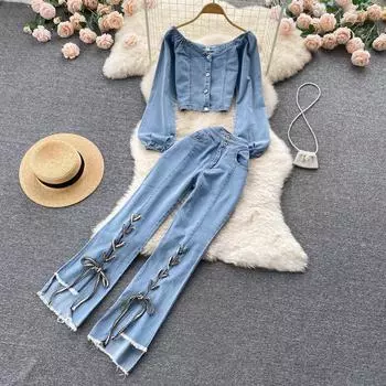 RUGOD 2022, новинка весны и лета, односложный воротник, короткий джинсовый топ с длинными рукавами и высокой талией, расклешенные брюки, костюм из двух предметов
