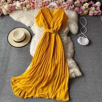 RUGOD 2022 Новое французское ретро темпераментное платье с v-образным вырезом в стиле Хепберн и тонкое плиссированное платье с талией, модное большое свободное платье One Size чёрный