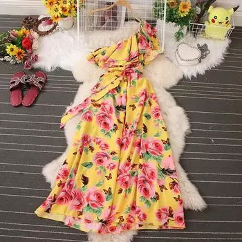 RUGOD 2022, новое летнее богемное праздничное платье на одно плечо, с большим принтом и оборками, на одно плечо One Size