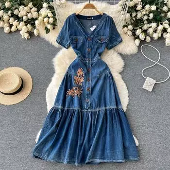 RUGOD 2022, новое летнее джинсовое платье с v-образным вырезом и принтом, женское свободное плиссированное длинное платье длиной выше колена M синий