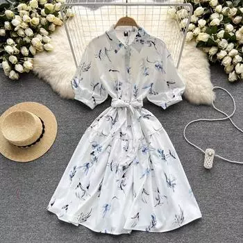 RUGOD 2022, новое летнее литературное маленькое свежее сказочное темпераментное белое платье-поло с цветочным принтом и завязкой на талии, трапециевидное платье