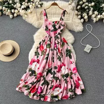 RUGOD 2022, новое летнее милое платье с квадратным вырезом и цветочным принтом, темпераментное тонкое длинное платье с высокой талией