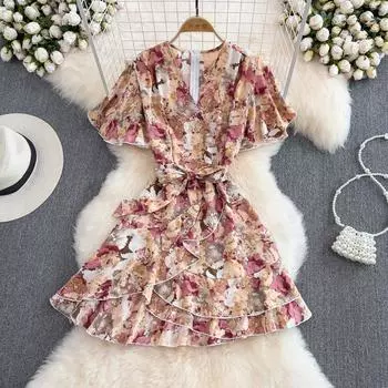 RUGOD 2022, новое летнее модное платье с цветочным принтом, облегающее шифоновое платье трапециевидной формы с v-образным вырезом и рукавами-колокольчиками, оборками