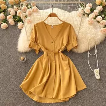 RUGOD 2022, новое летнее платье с v-образным вырезом и короткими рукавами для свиданий, маленькое свежее платье с застежкой на талии, женское французское платье Kikyo First Love