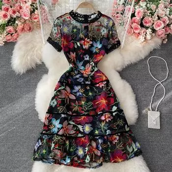 RUGOD 2022, новое летнее платье в стиле ретро, высококачественное сетчатое платье с вышивкой, темперамент, ажурный узор и оборками на талии