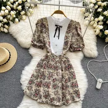 RUGOD 2022, новое летнее платье во французском придворном стиле в стиле ретро с цветочным принтом, женское платье с короткими рукавами и бантом на талии