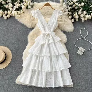 RUGOD 2022, новое летнее платье во французском стиле, нежное морское праздничное пляжное платье с кружевной талией, сексуальное многослойное платье с v-образным вырезом и открытой спиной