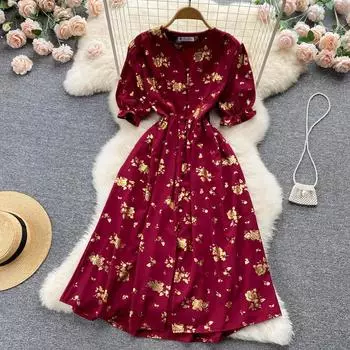 RUGOD 2022, новое летнее шифоновое платье, темпераментное платье с v-образным вырезом и колокольчиком, платье для перерыва на чай, однобортное платье средней длины