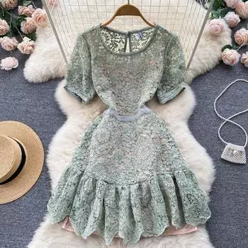 RUGOD 2022, новое летнее женское зеленое кружевное платье с короткими рукавами и круглым вырезом на талии, французское нишевое платье трапециевидной формы, большое свободное платье