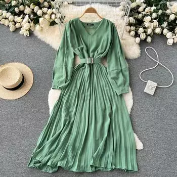 RUGOD 2022 новое шифоновое платье с v-образным вырезом, женское весеннее платье, утягивающее талию, темпераментное, легкое, в знакомом стиле, плиссированное длинное платье One Size чёрный