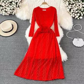 RUGOD 2022 Новое весеннее платье знаменитостей, темперамент, нежный ветер, супер Xiansen, с длинными рукавами, круглым вырезом и высокой талией, кружевное платье-трапеция M синий