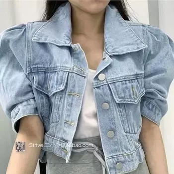 RUGOD 2022 Новые поступления Осенняя шикарная модная уличная одежда с пышными рукавами Джинсовые однобортные однобортные простые универсальные повседневные базовые куртки One Size небесно-голубой